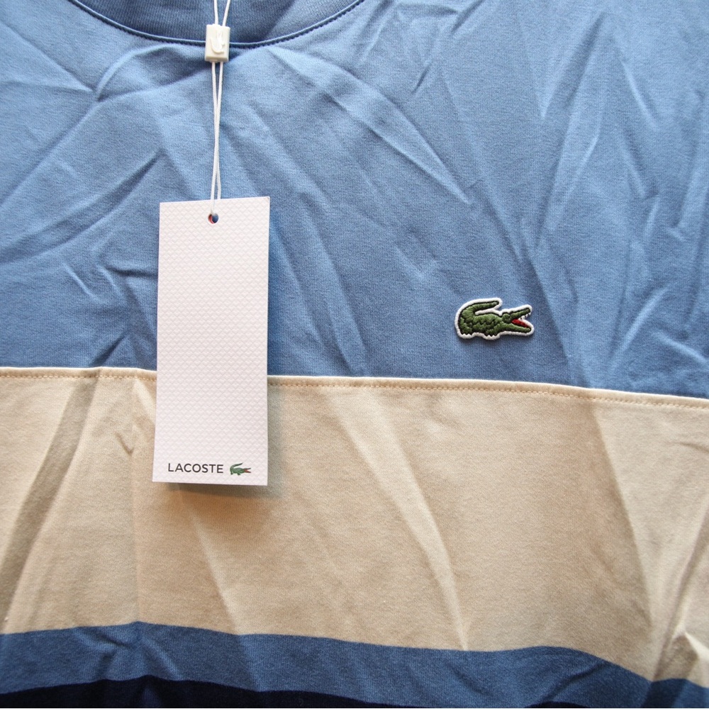 Lacoste Men's Blue and Beige Striped Tee NWT - Picture 2 of 5